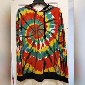 Red Yellow Green Black White Long Sleeve Tie-dyed Hoodie Mens Tee Shirt Medium M